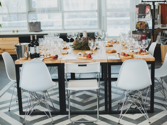 Plastic chairs and wooden table in the store