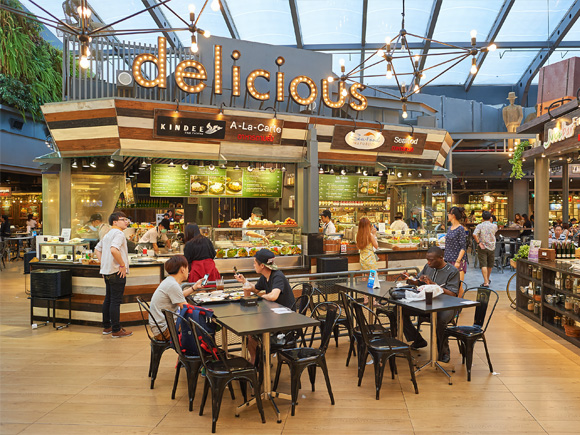 Table and chairs in food square scenes