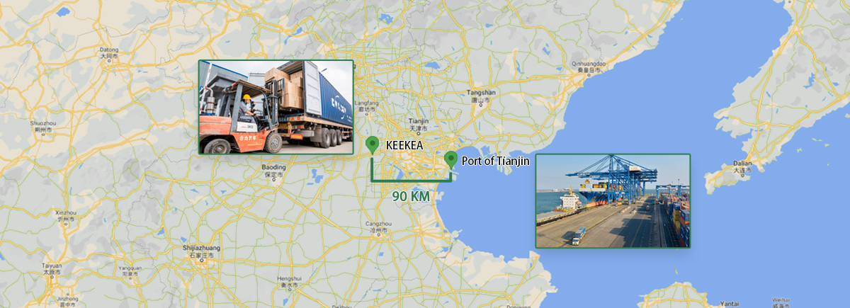 Distance between Keekea factory and Tianjin Port on a map